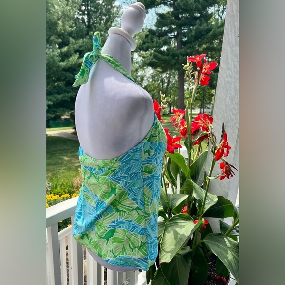 Lilly Pulitzer Blue Green Tropical Leaf Print Halter Tankini Top – Size Large - Picture 3 of 5